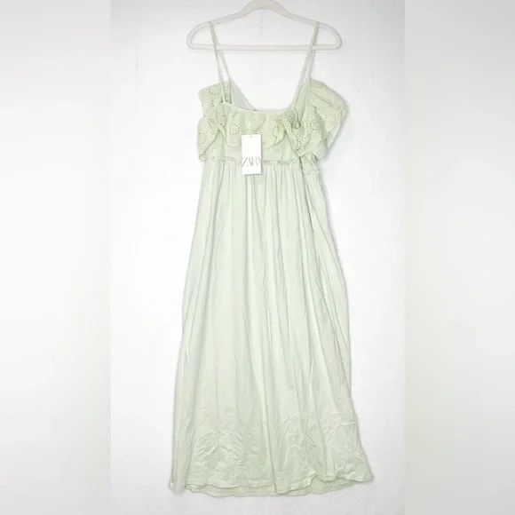 Zara Light Green Eyelet Ruffle Midi Dress Size Large Boho - Picture 5 of 7
